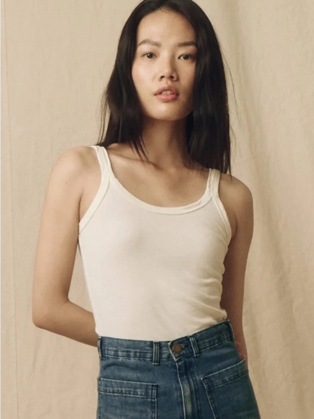 The Great - The Slim Tank Women's Cream Ribbed Scoop Top